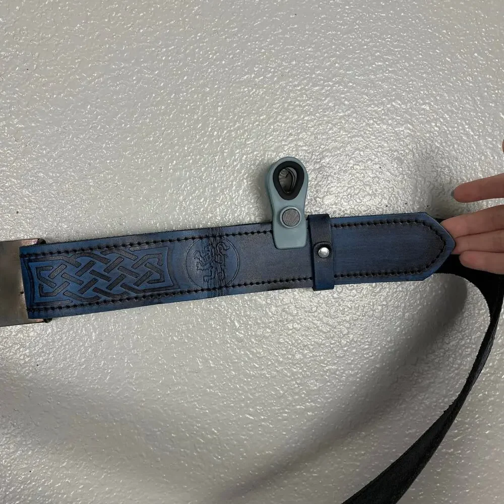 Size XXL Sport Kilt Belt Blue Gold Buckle Lion Black Filigree Detail Velcro